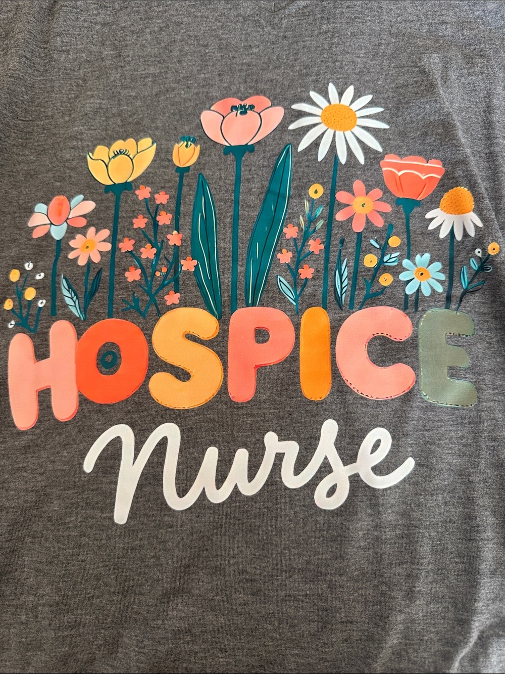 Hospice Nurse Floral Shirt - Gray with Coral, Yellow & Green